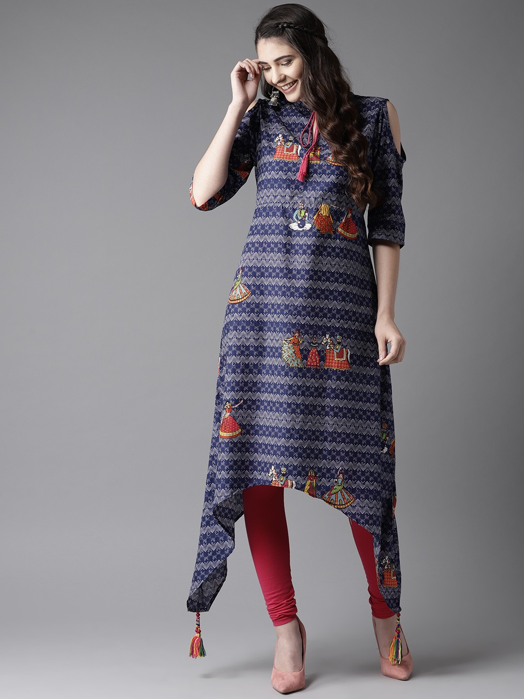 

HERE&NOW Women Navy Blue & White Printed Asymmetric A-Line Kurta