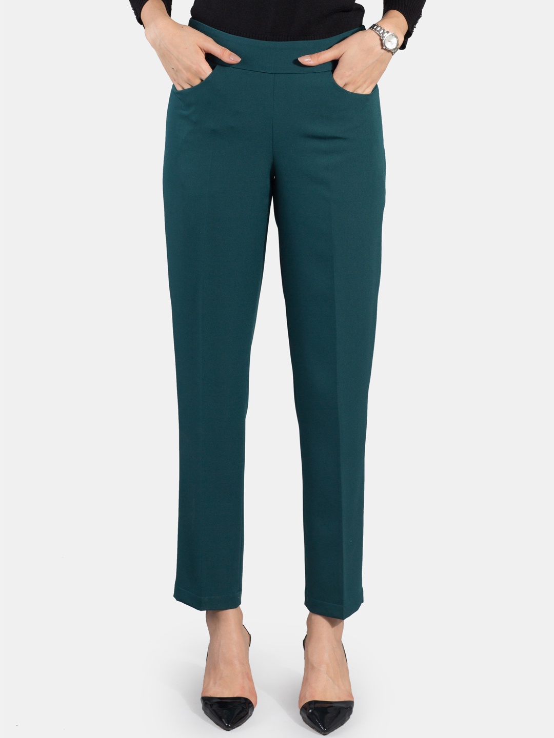 

FableStreet Women Green Straight Fit Solid Cigarette Trousers