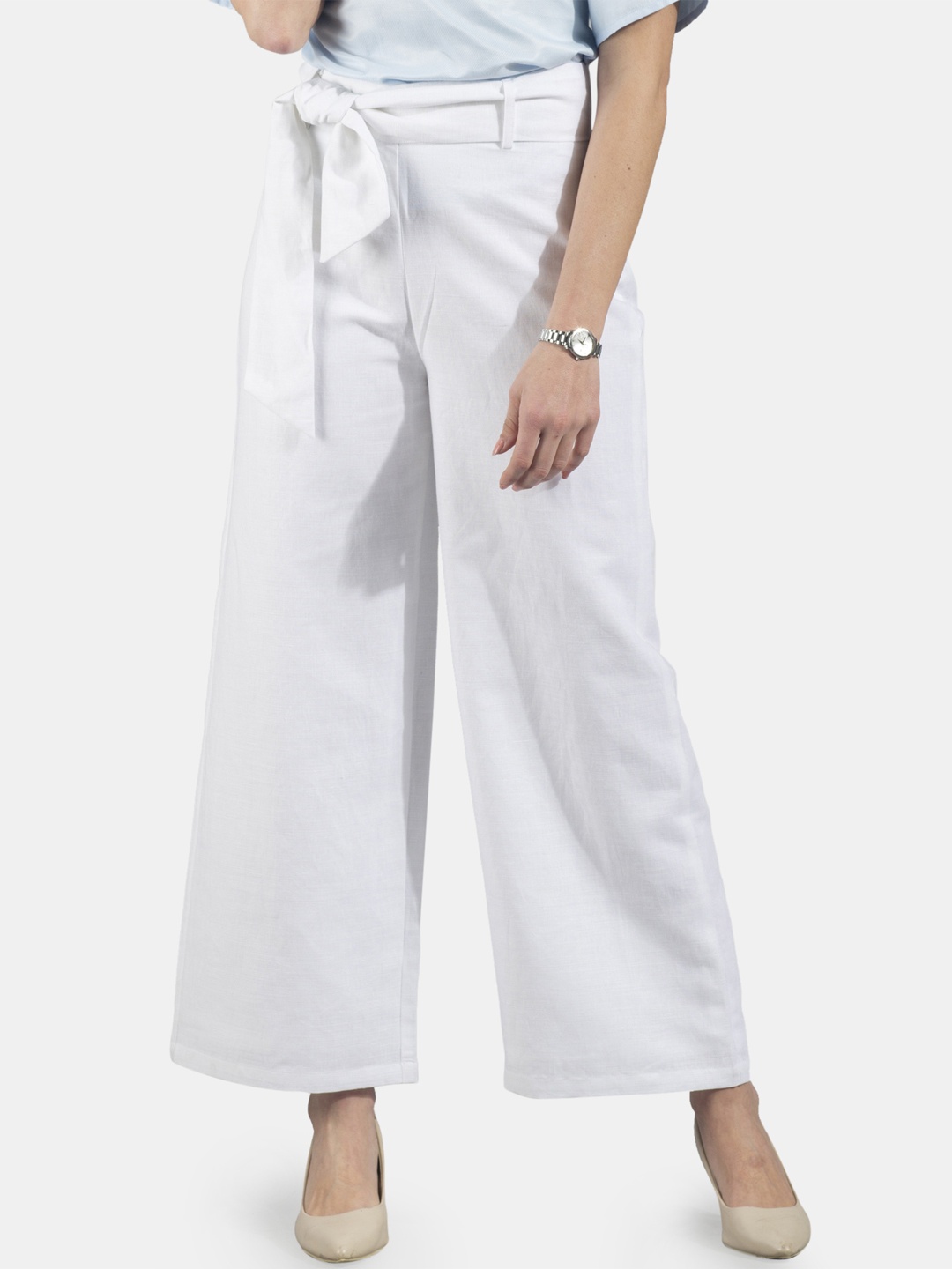 

FableStreet Women White Solid Parallel Linen Trousers