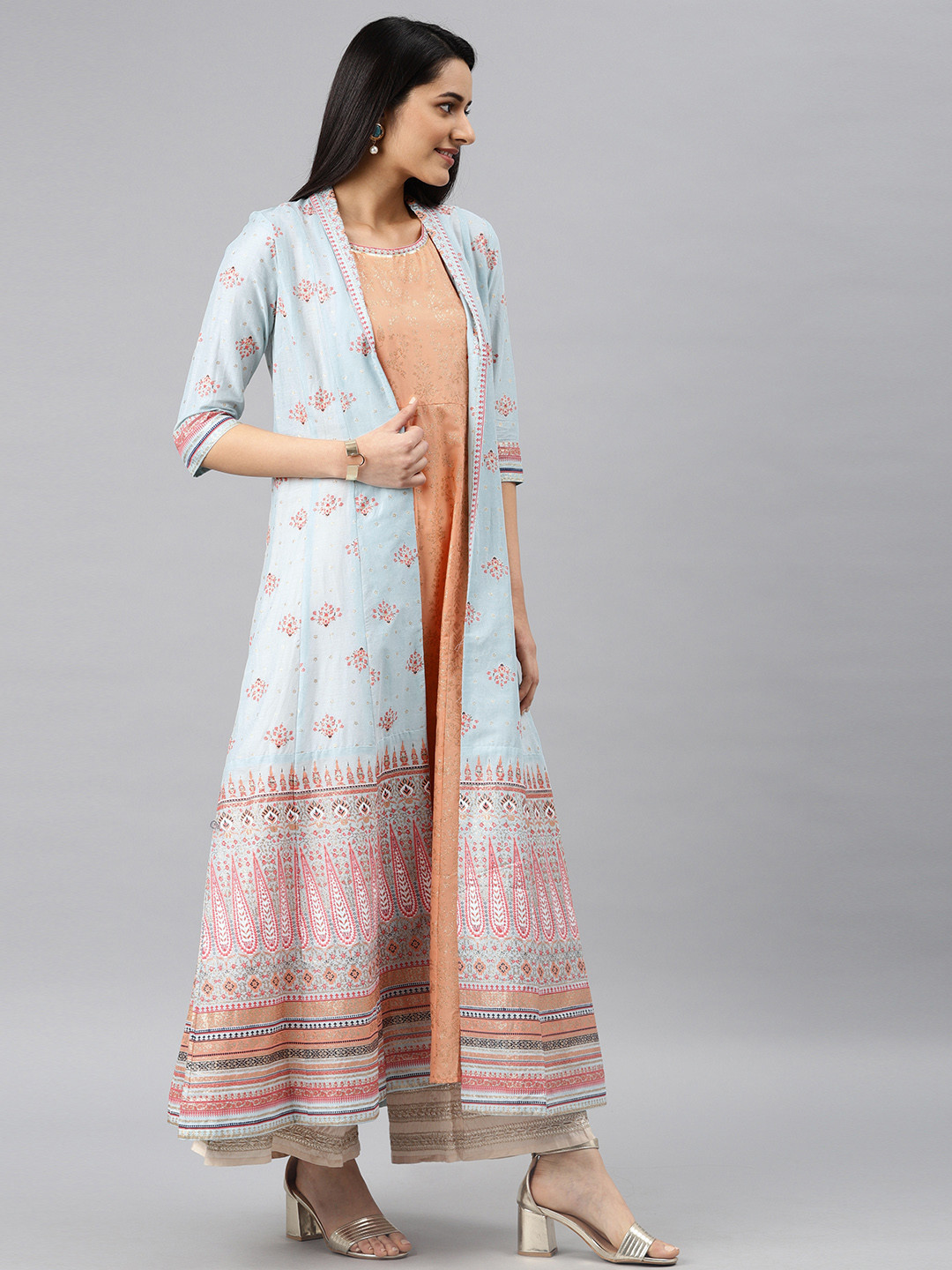 

W Women Blue & Coral Pink Embellished A-Line Kurta