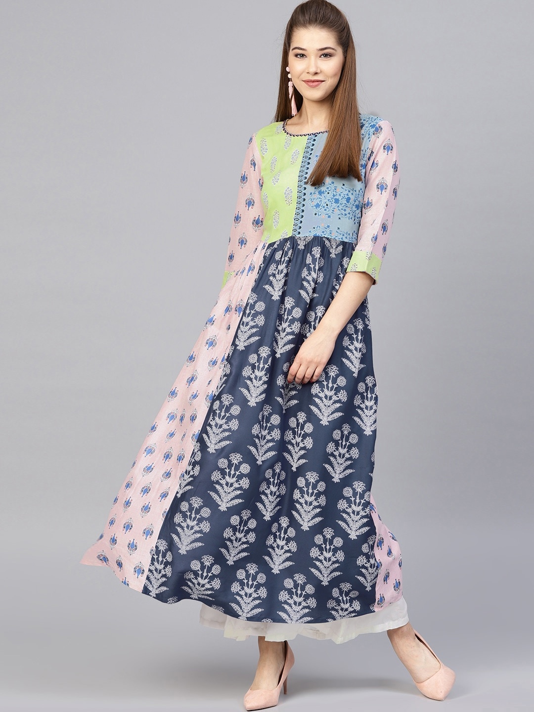 

W Women Pink & Blue Printed A-Line Sustainable Kurta