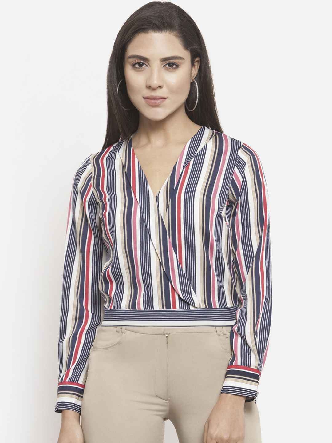 

Martini Women Off-White & Blue Striped Crop Wrap Top