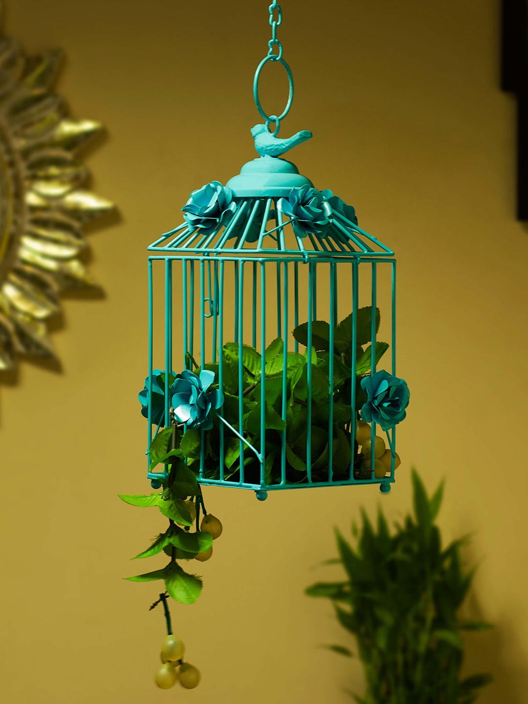 

Homesake Turquoise Blue Bird Cage with Floral Textured Details