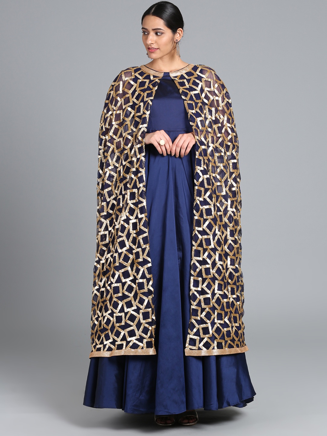 

Ethnovog Women Navy Blue Solid Fit and Flare Dress With Attached Cape