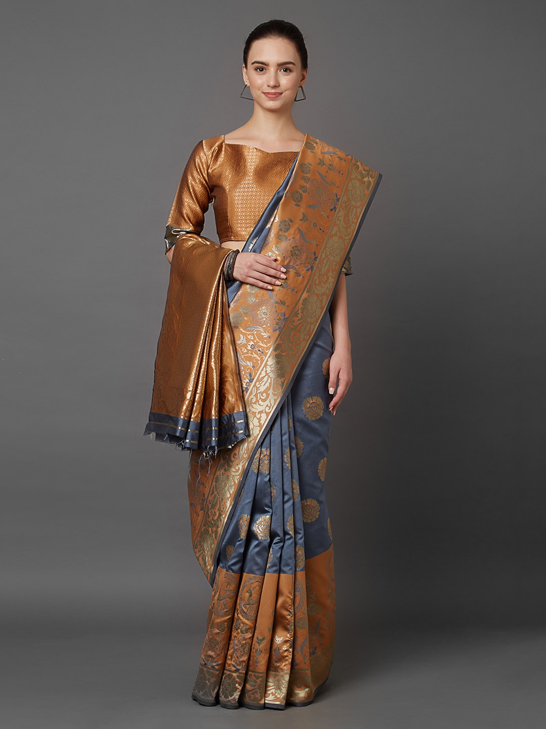 

Mitera Grey & Brown Woven Design Banarasi Saree