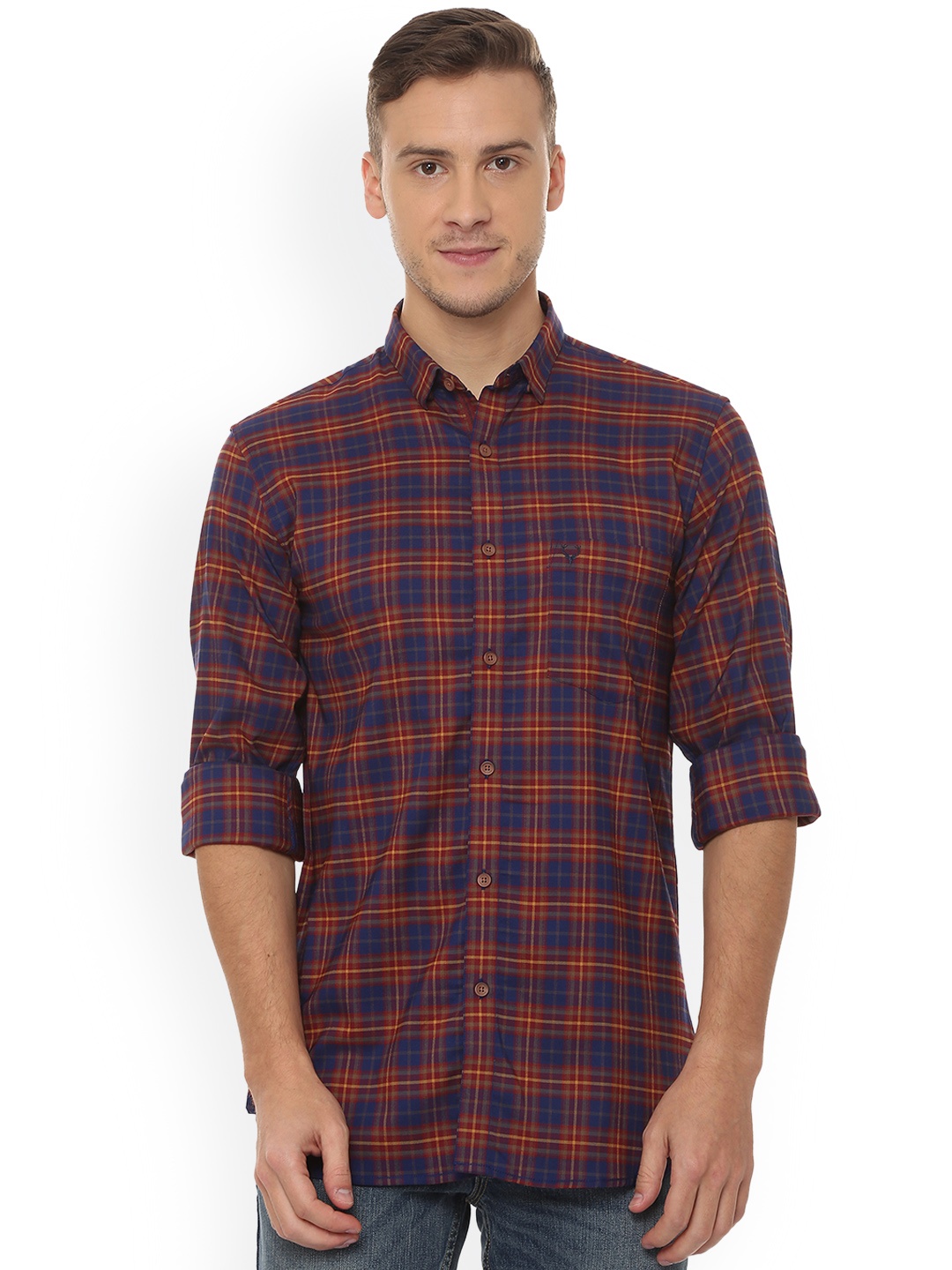 

Allen Solly Men Blue & Orange Slim Fit Checked Casual Shirt