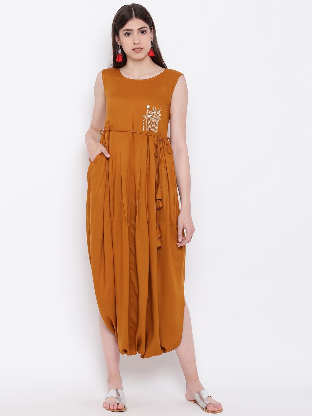 

Kvsfab Women Mustard Yellow Solid Balloon Dress