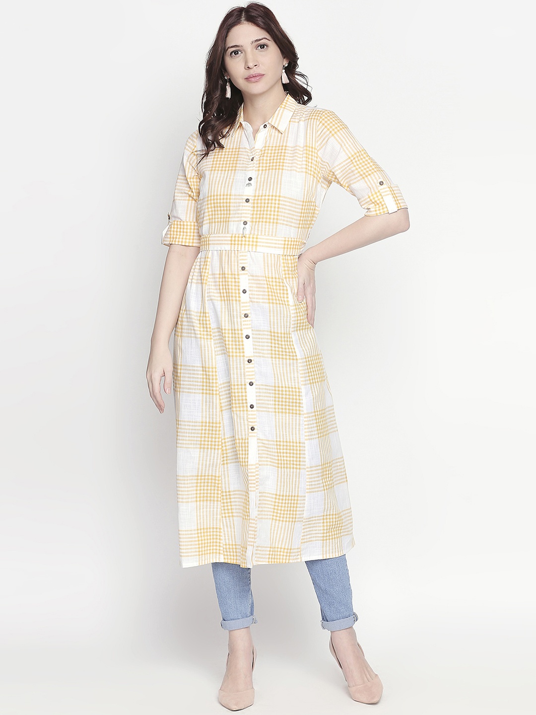 

AKKRITI BY PANTALOONS Women Yellow Self Design Shirt Dress