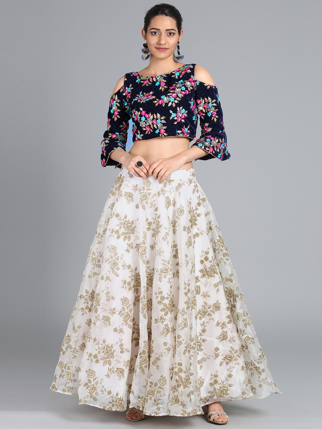 

Ethnovog Women Navy Blue Velvet White Made to Measure Lehenga Blouse