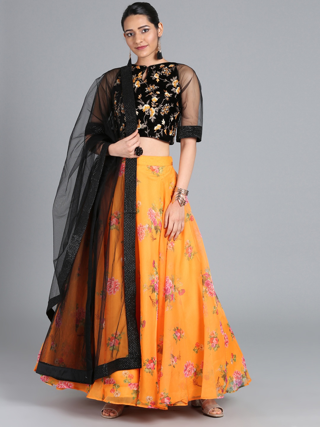 

Ethnovog Orange Black Embroidered Made to Measure Lehenga Choli with Dupatta