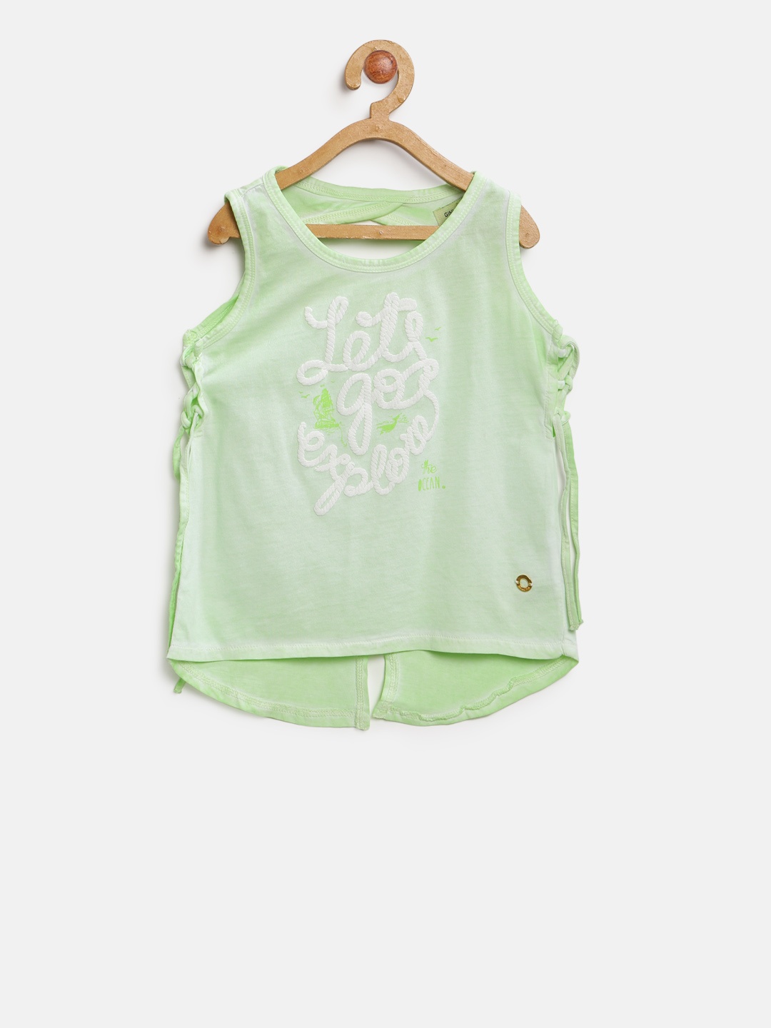 

Gini and Jony Girls Lime Green Printed Styled Back Pure Cotton Top
