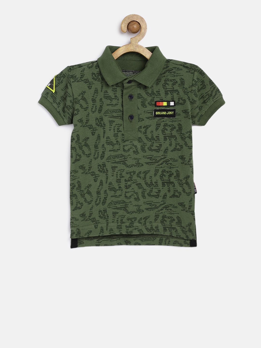 

Gini and Jony Boys Green Printed Polo Collar Pure Cotton T-shirt