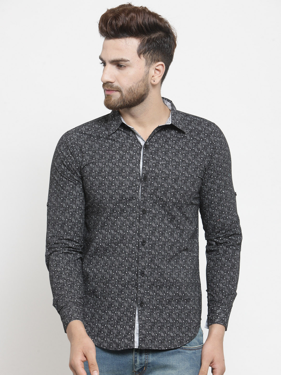 

Purple State Men Black & Grey Slim Fit Printed Casual Shirt