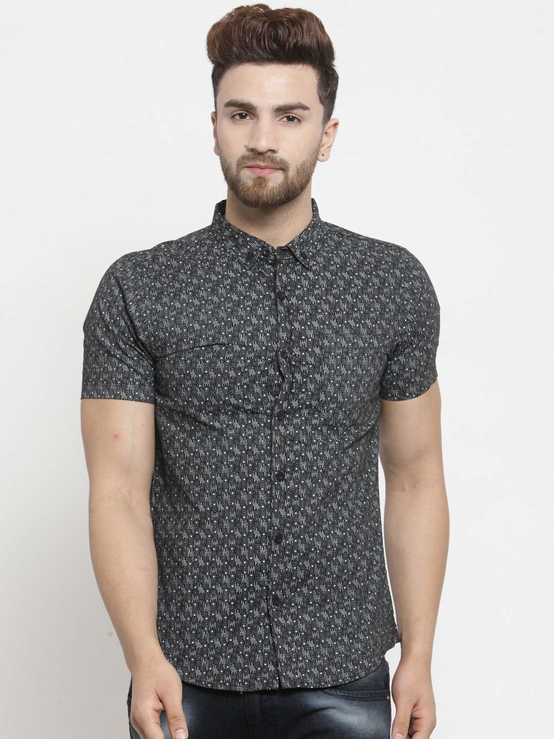 

Purple State Men Black & Grey Slim Fit Printed Casual Shirt