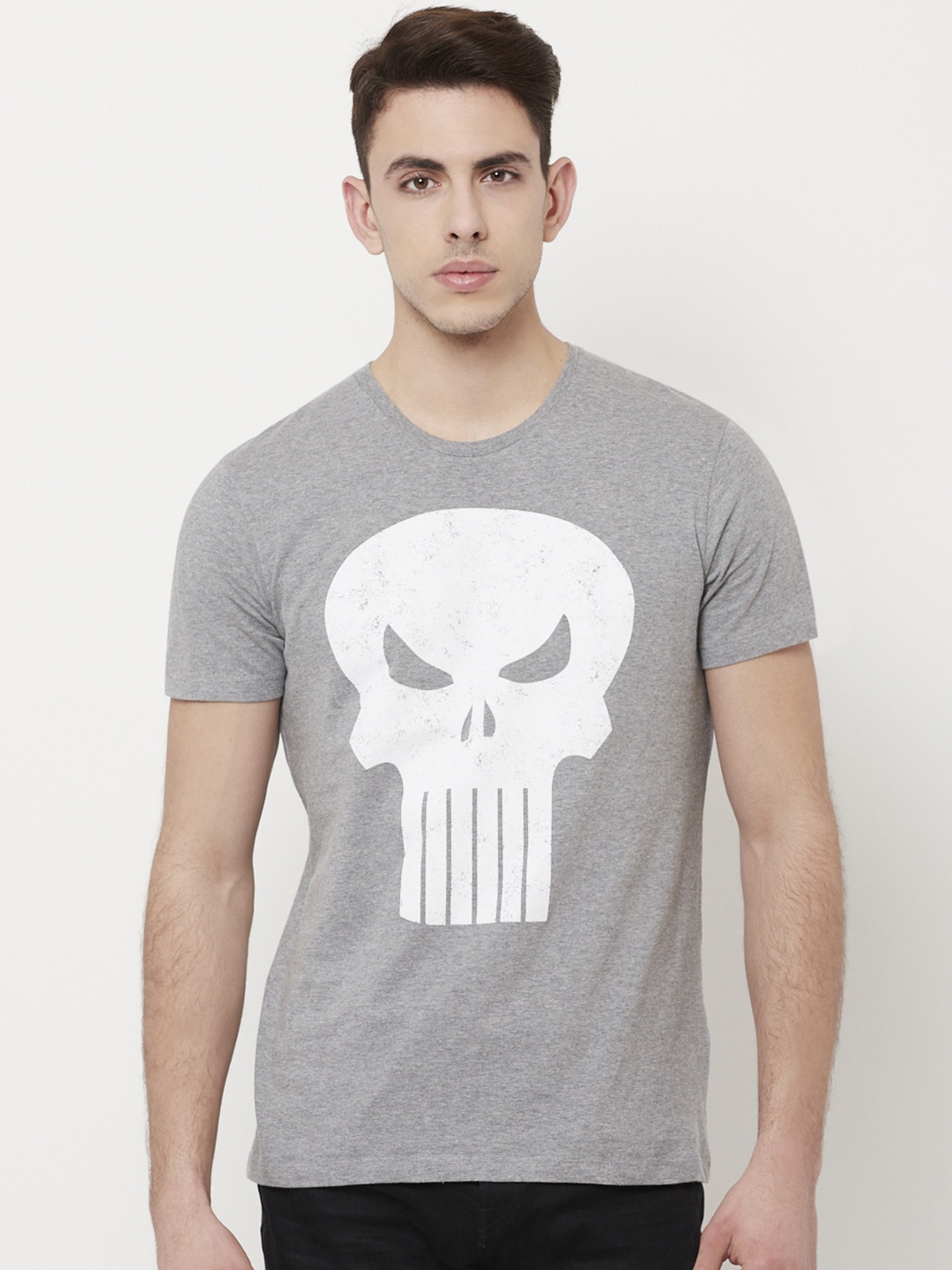 

Free Authority Men Grey Melange Punisher Printed T-shirt