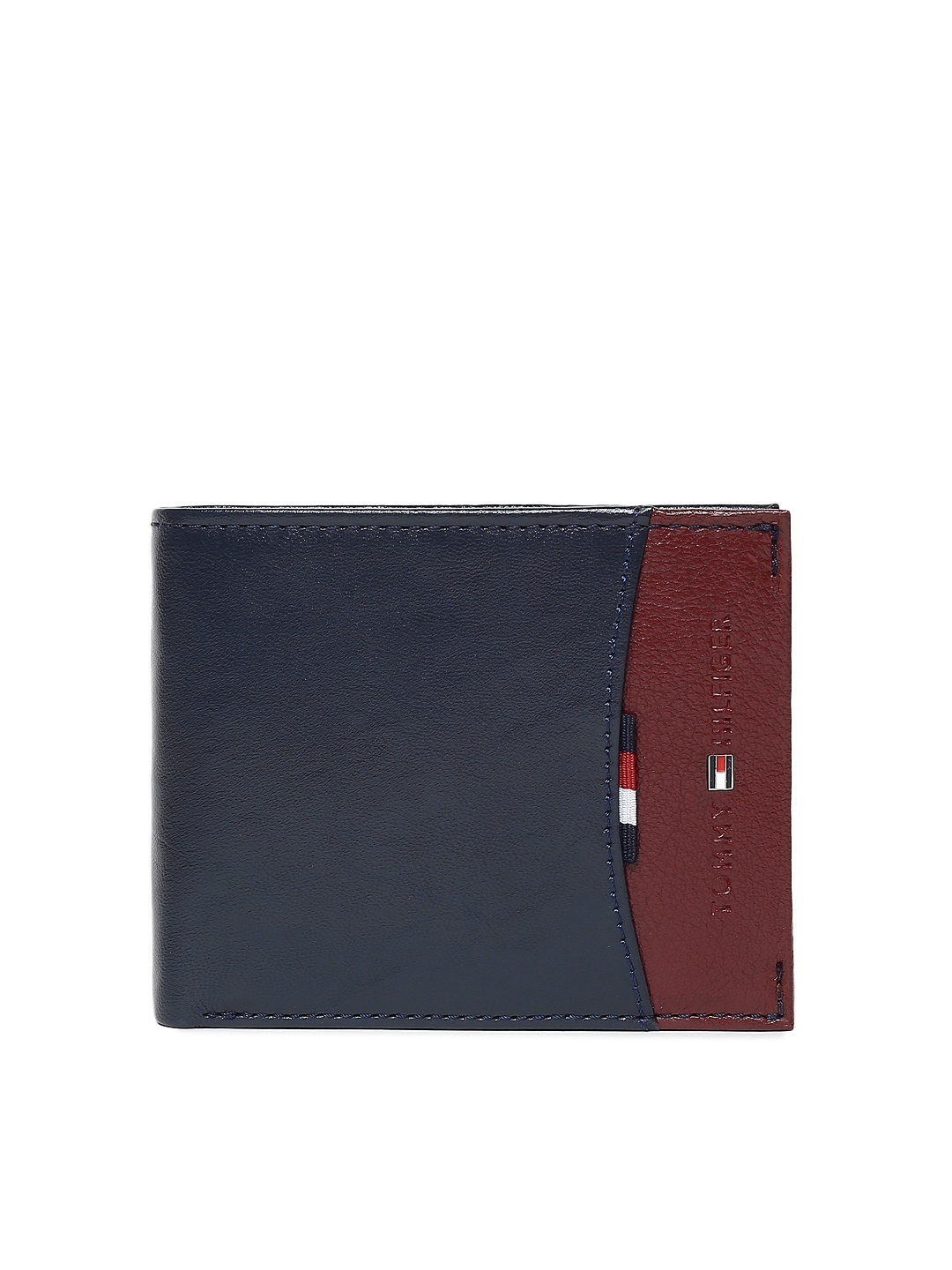 

Tommy Hilfiger Men Navy Blue & Brown Leather Colourblocked Two Fold Wallet