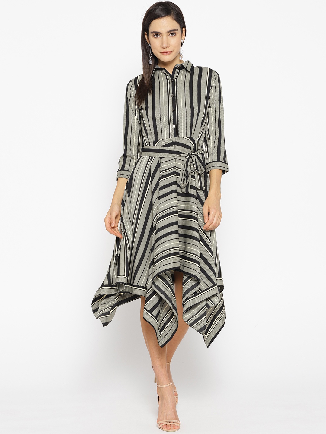 

Cottinfab Women Black & Off-White Striped Fit & Flare Dress