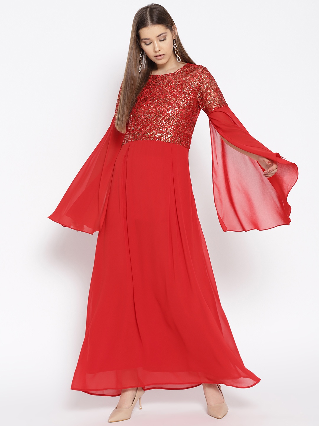 

Cottinfab Women Red Sequinned Maxi Dress