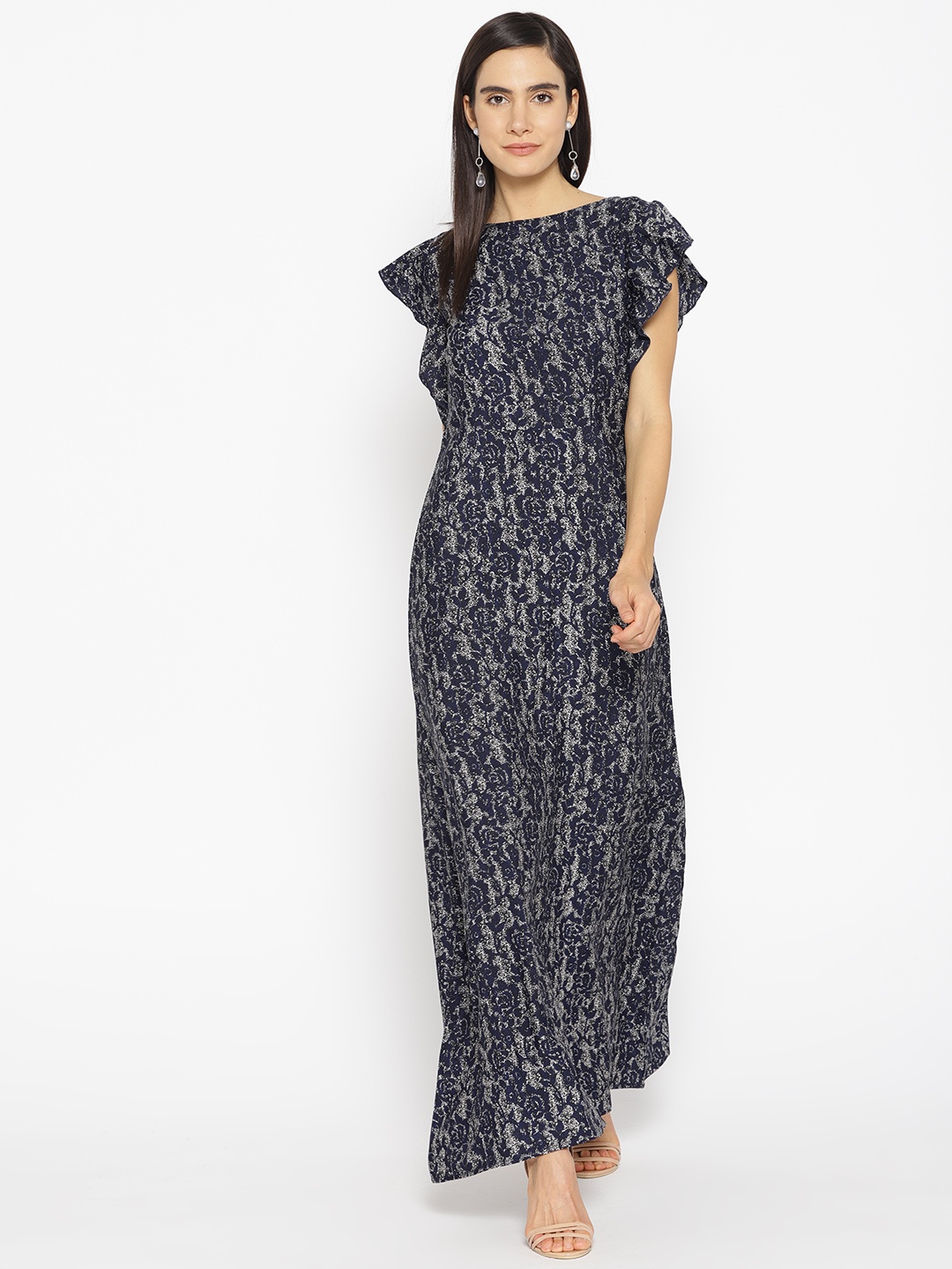 

Cottinfab Women Navy Blue & Off-White Printed Maxi Dress