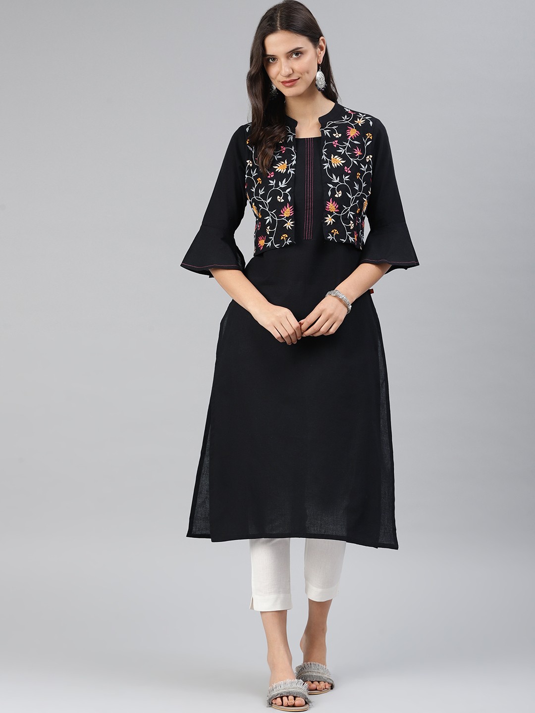

Alena Women Black Embroidered Layered Straight Kurta