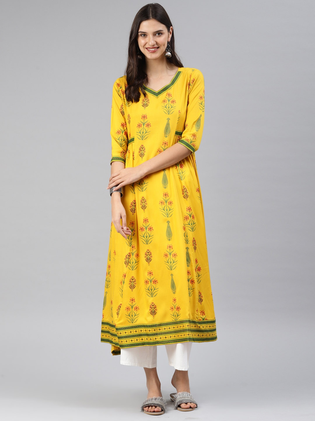 

Alena Women Mustard Yellow Printed A-Line Kurta