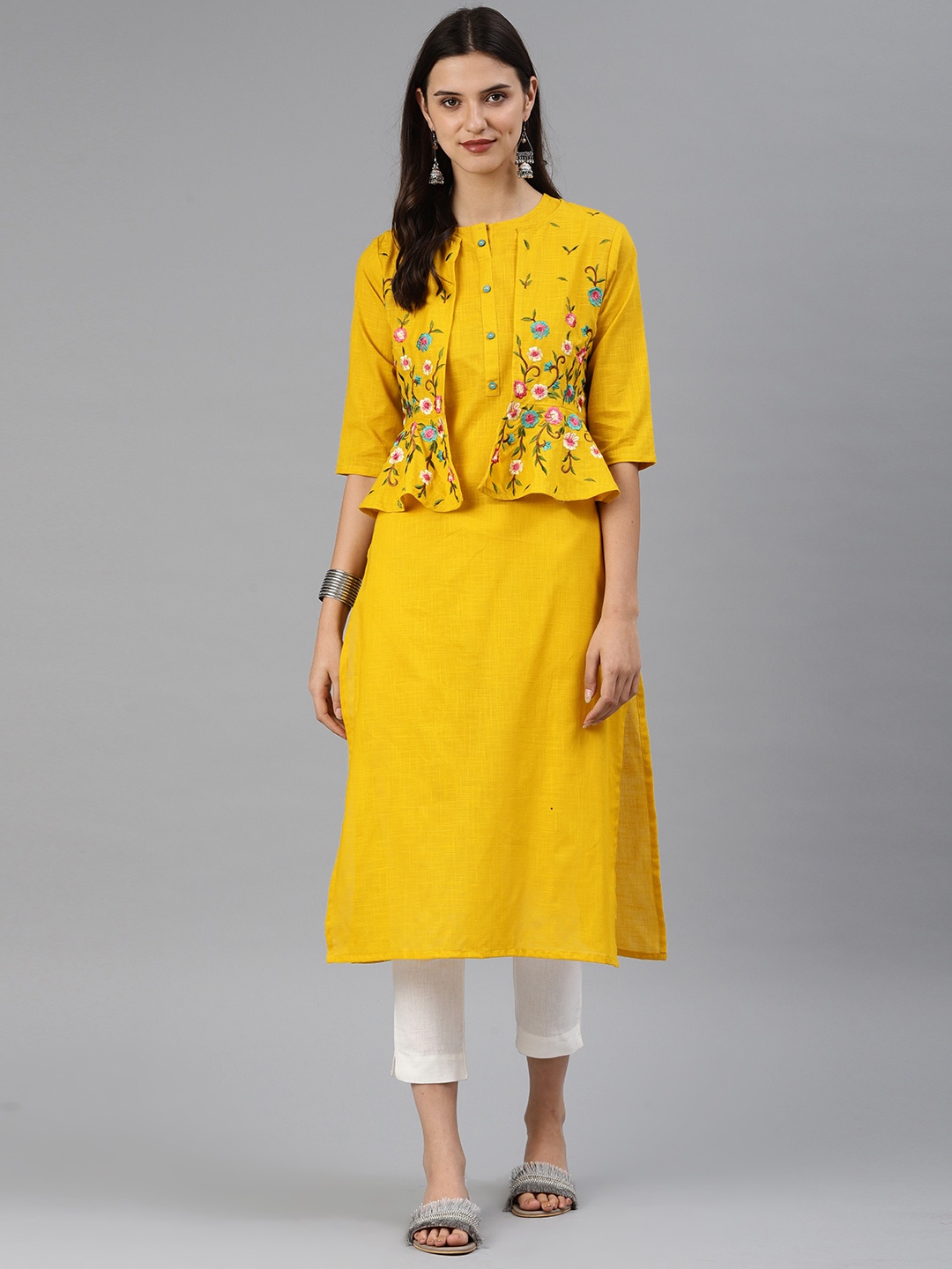 

Alena Women Mustard Yellow Solid Straight Kurta With Embroidered Jacket