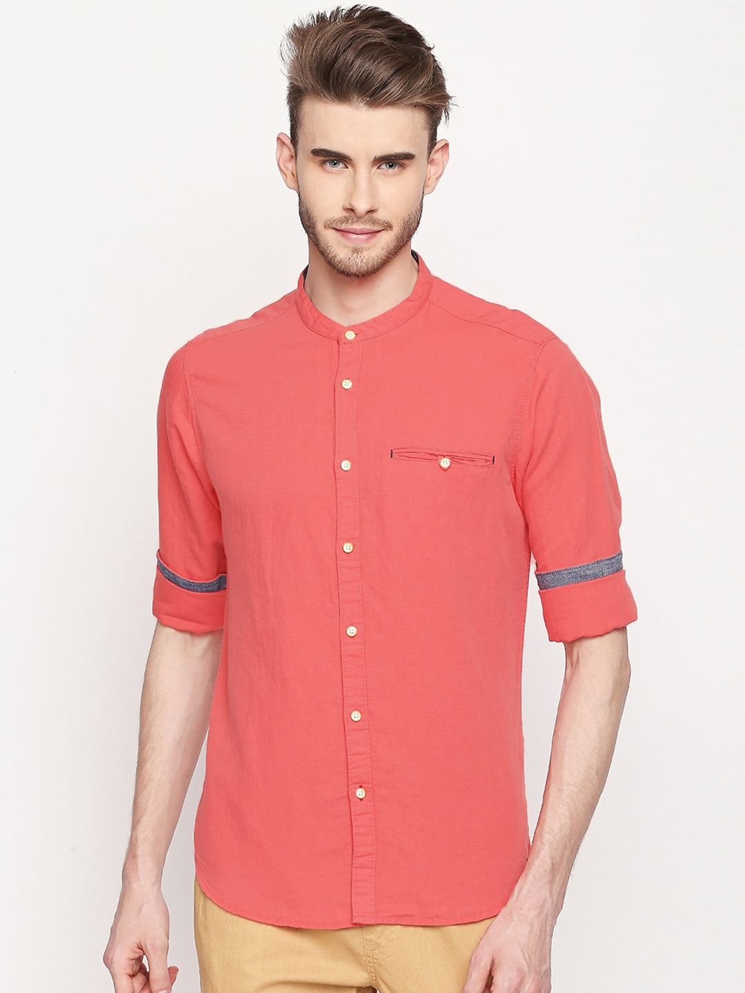 

Urban Ranger by pantaloons Men Coral Pink Slim Fit Solid Casual Shirt