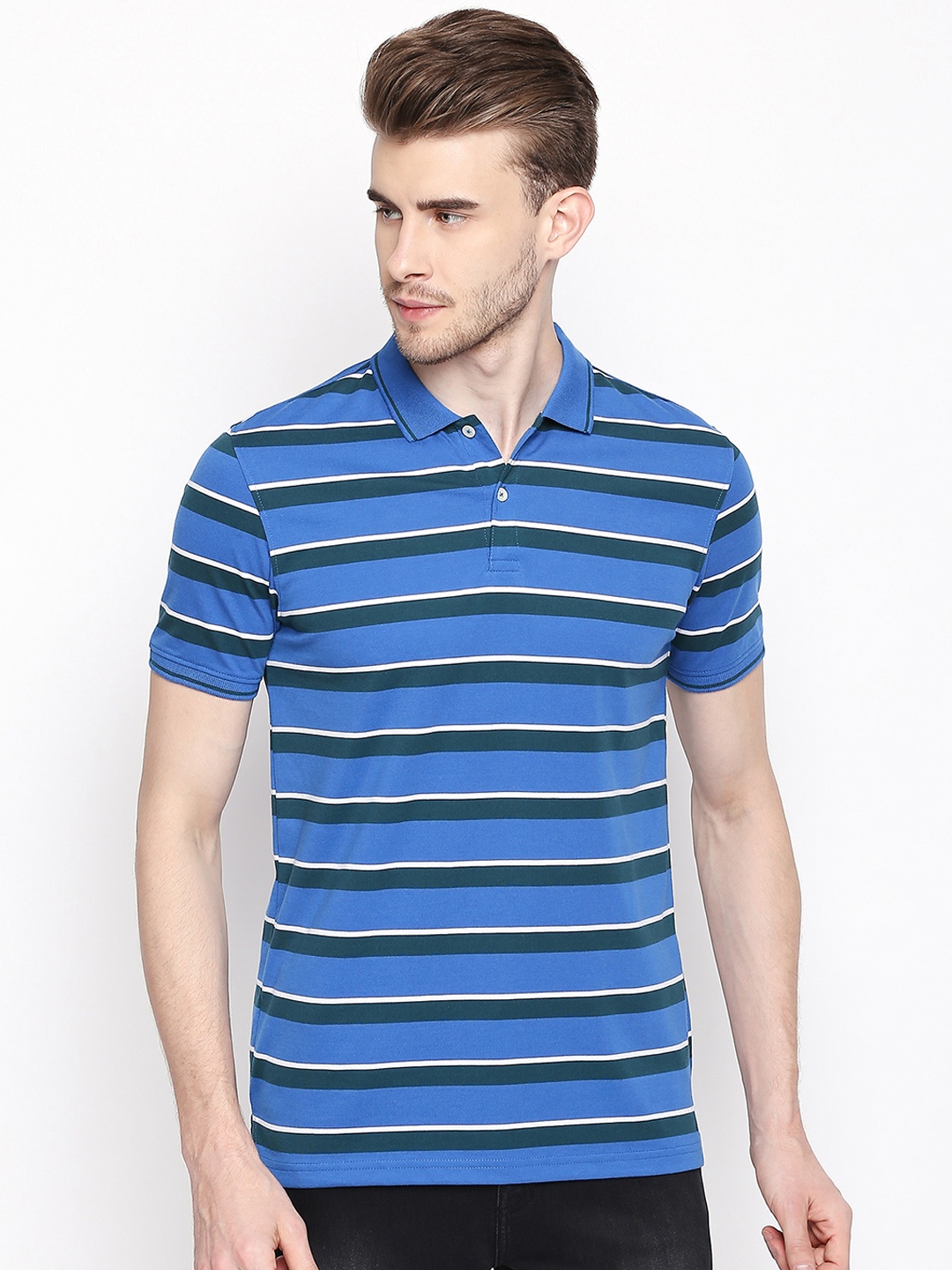 

BYFORD by Pantaloons Men Blue Striped Polo Collar T-shirt