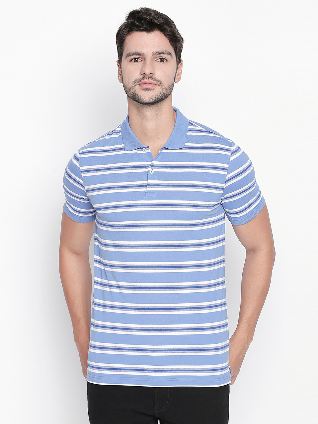 

BYFORD by Pantaloons Men Blue & White Striped Polo Collar T-shirt