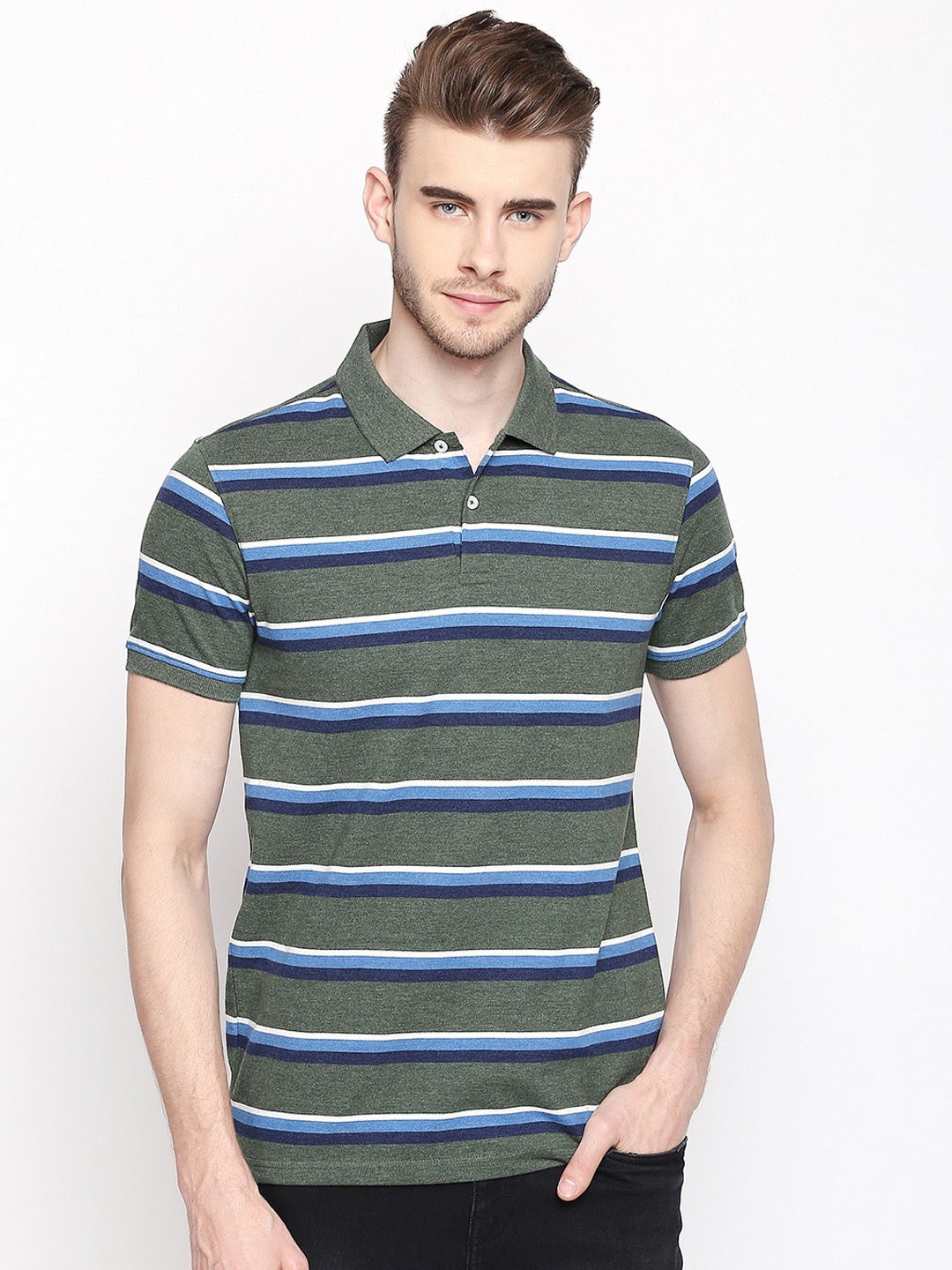 

BYFORD by Pantaloons Men Olive Green Striped Polo Collar T-shirt