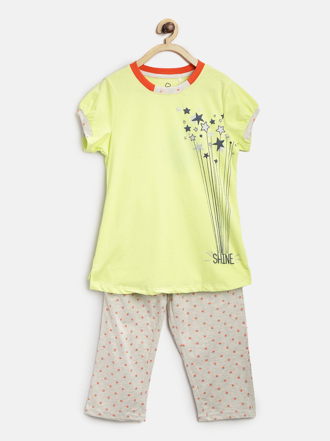 

Sweet Dreams Girls Lime Green & Grey Melange Printed Night Suit 6176A9