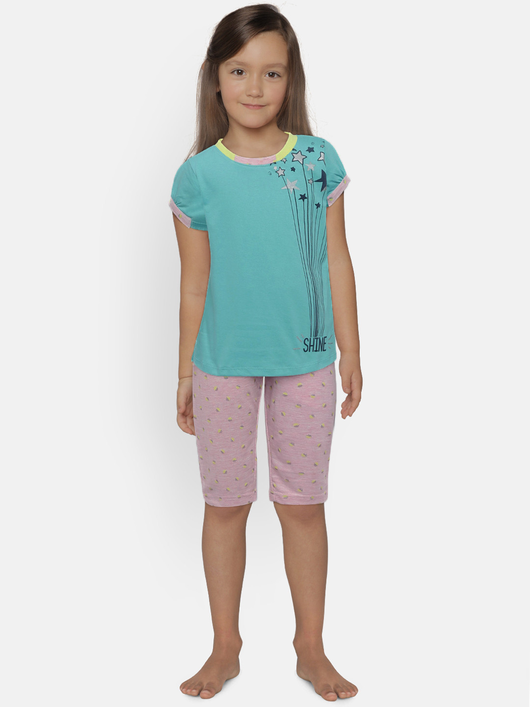 

Sweet Dreams Girls Sea Green & Pink Printed Night suit