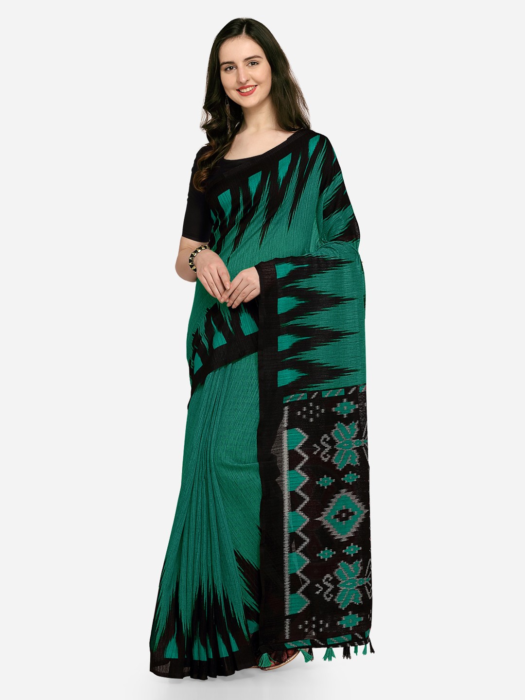 

Rajnandini Turquoise Women Blue & Black Linen Blend Woven Design Saree, Turquoise blue