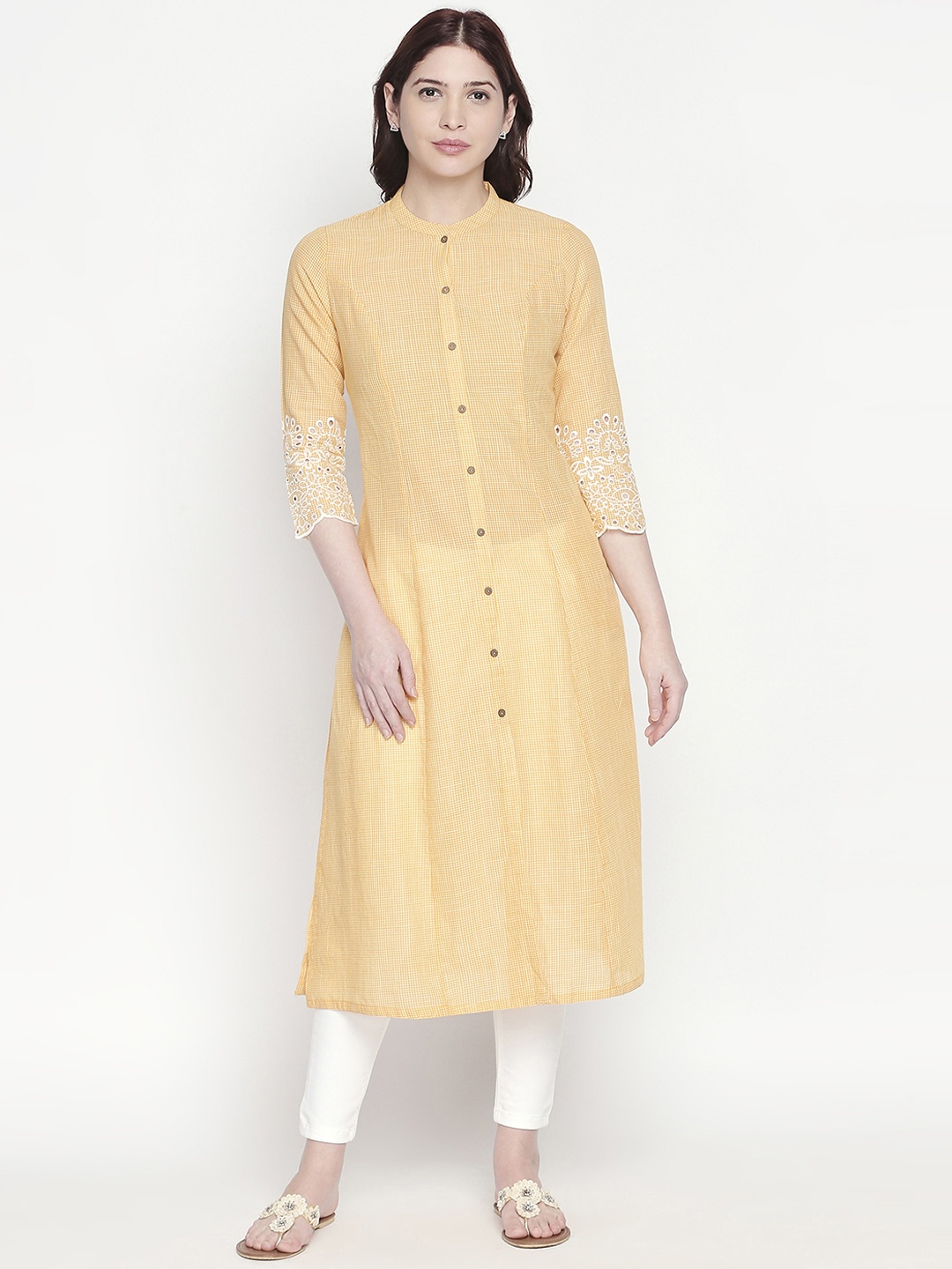 

RANGMANCH BY PANTALOONS Women Mustard Woven Design Straight Kurta