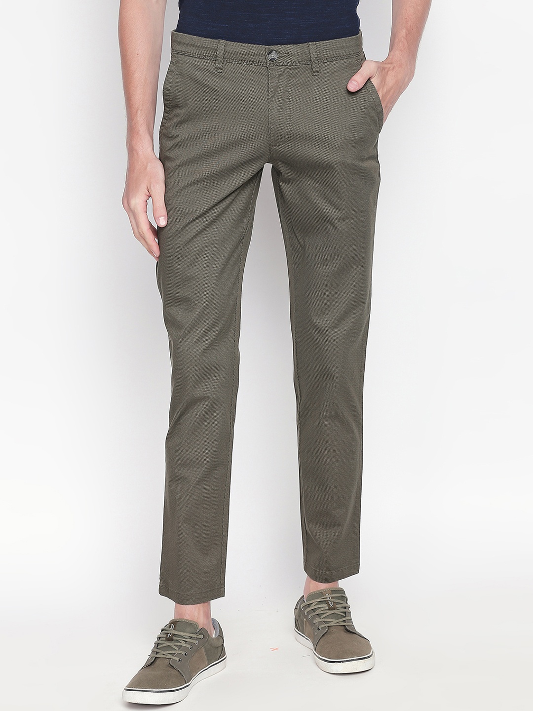 

BYFORD by Pantaloons Men Olive Green Slim Fit Self Design Regular Trousers