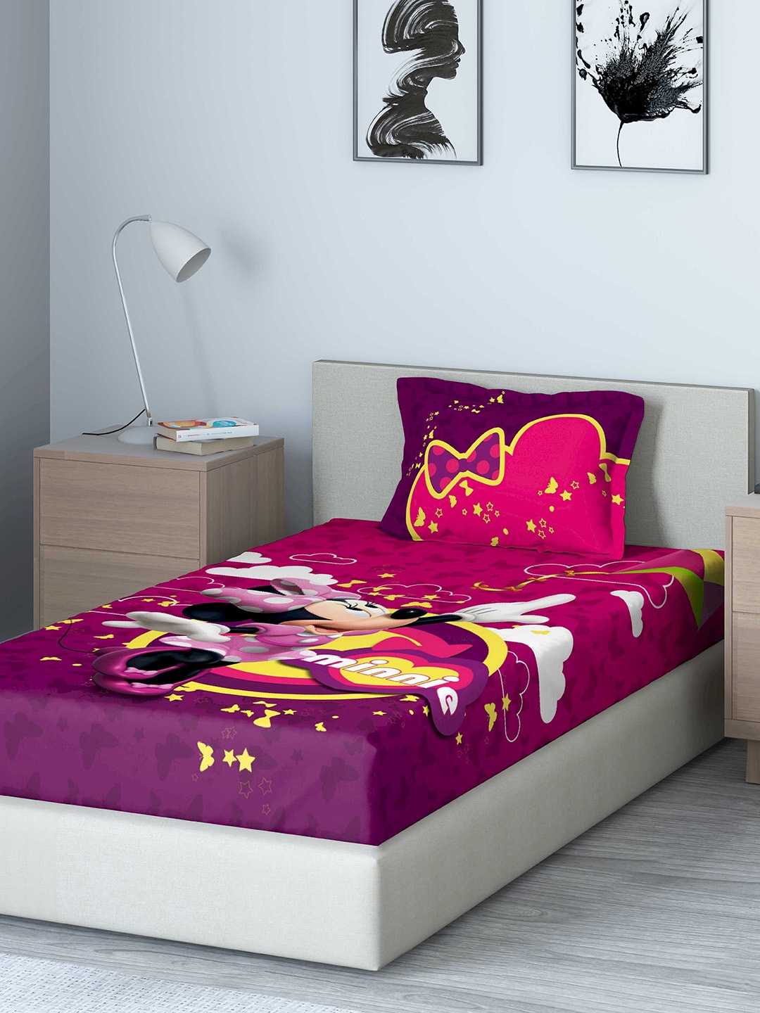

DDecor Pink Cartoon Characters 180 TC Cotton 1 Single Bedsheet with 1 Pillow Covers