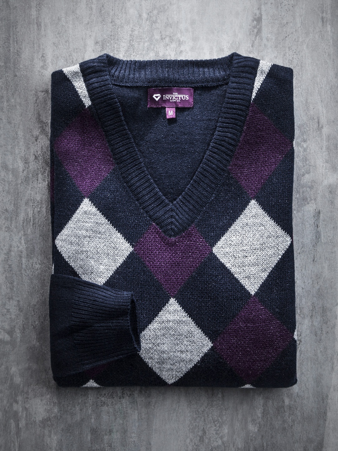 

INVICTUS Men Navy & Grey Melange Argyle Sweater, Navy blue