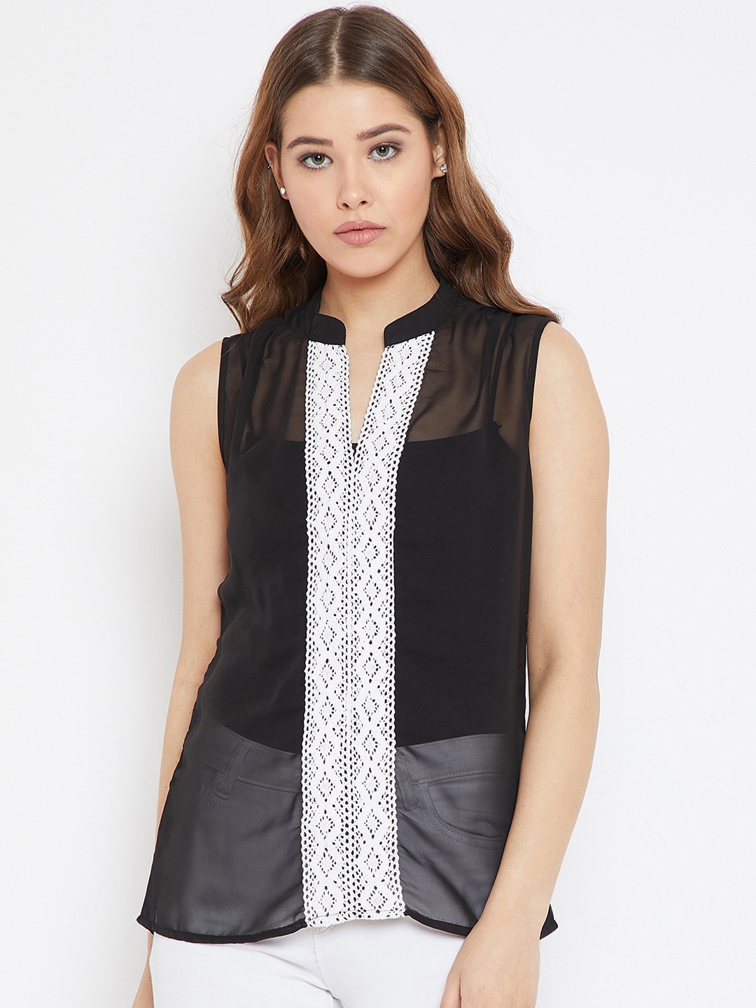 

PURYS Women Black & White Self Design Top