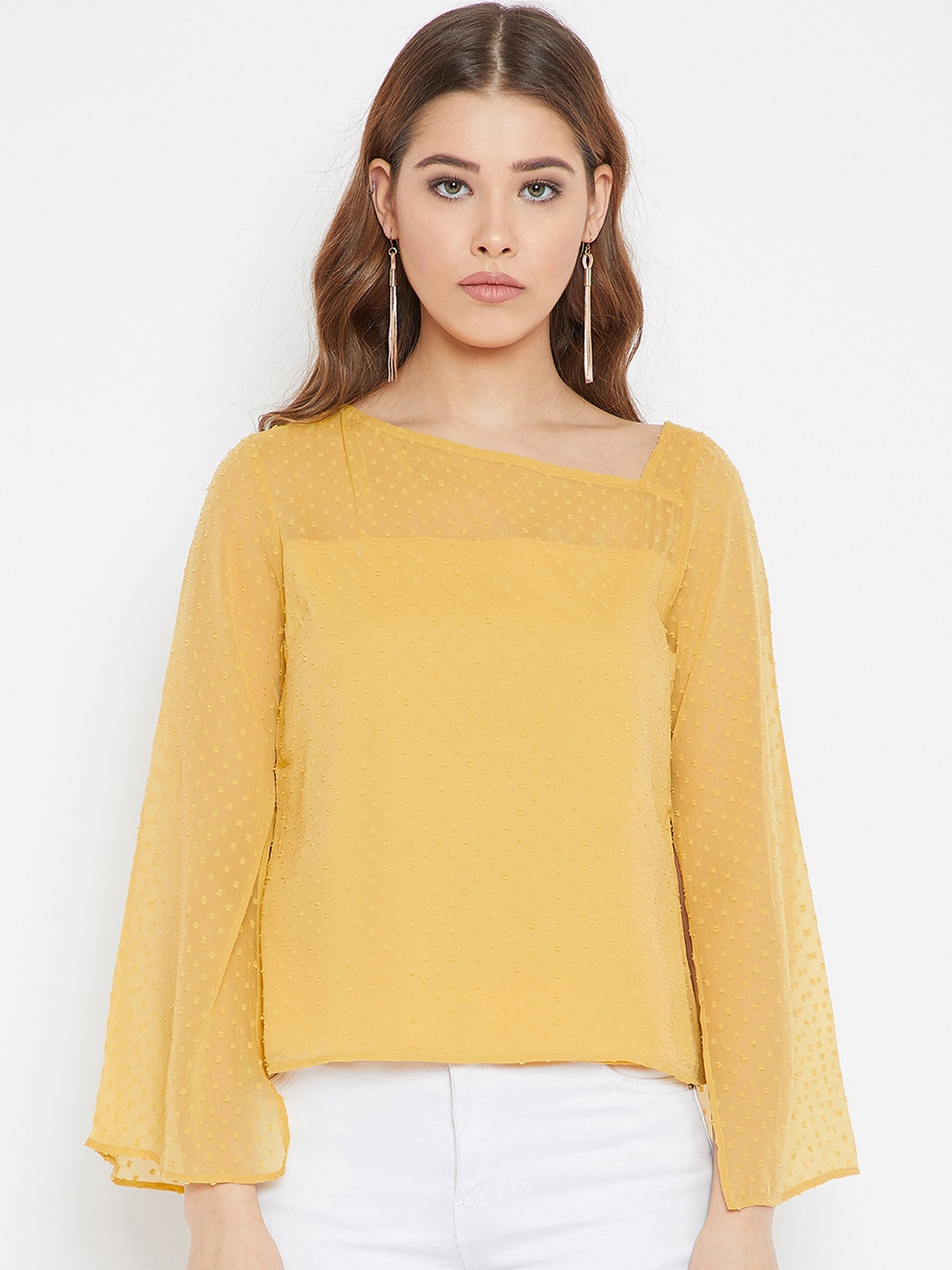 

PURYS Women Mustard Yellow Self Design Top