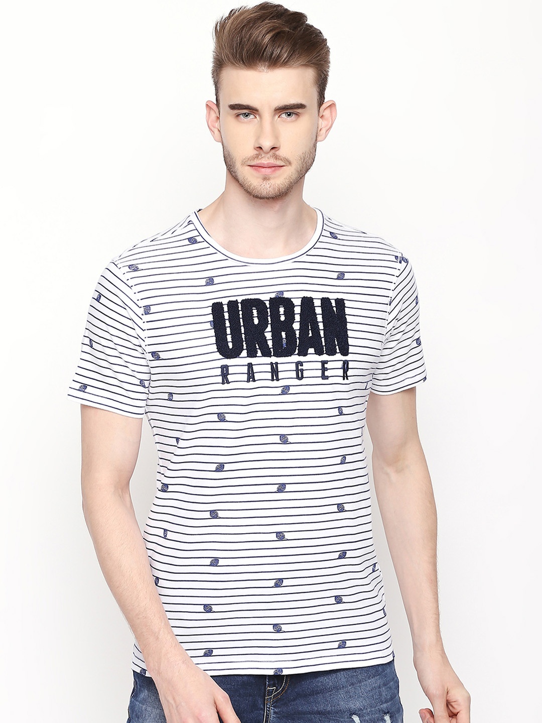 

Urban Ranger by pantaloons Men White Striped Round Neck T-shirt