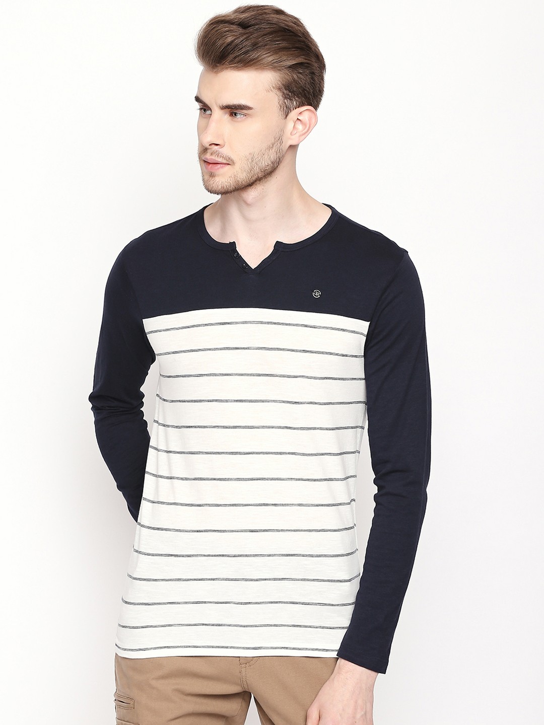 

Urban Ranger by pantaloons Men White Striped Henley Neck T-shirt