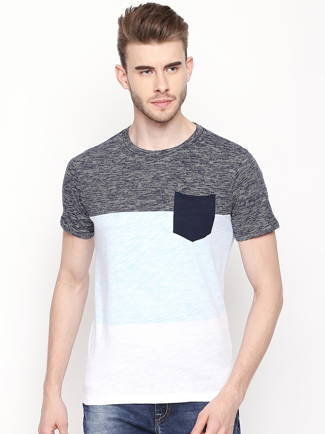 

Urban Ranger by pantaloons Men Navy Blue Colourblocked Round Neck T-shirt