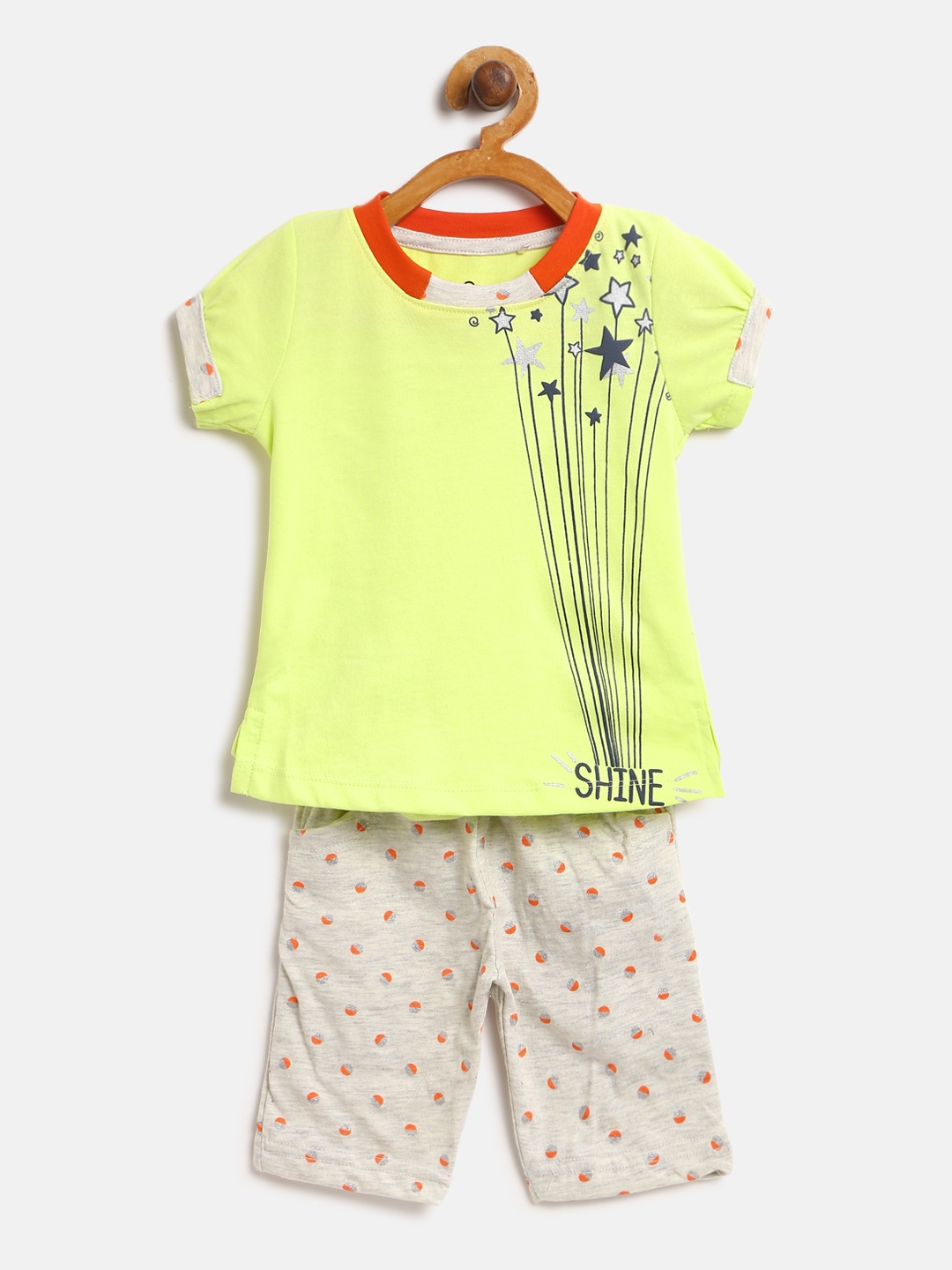 

Sweet Dreams Girls Lime Green & Grey Melange Printed Night suit 6176A9