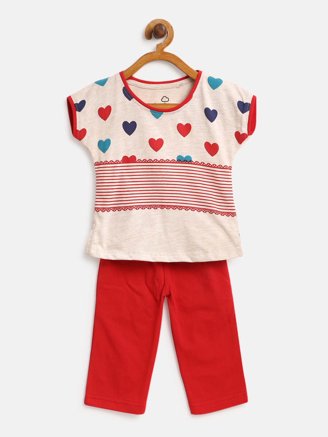

Sweet Dreams Girls Cream-Coloured & Red Printed Night Suit 6201A9