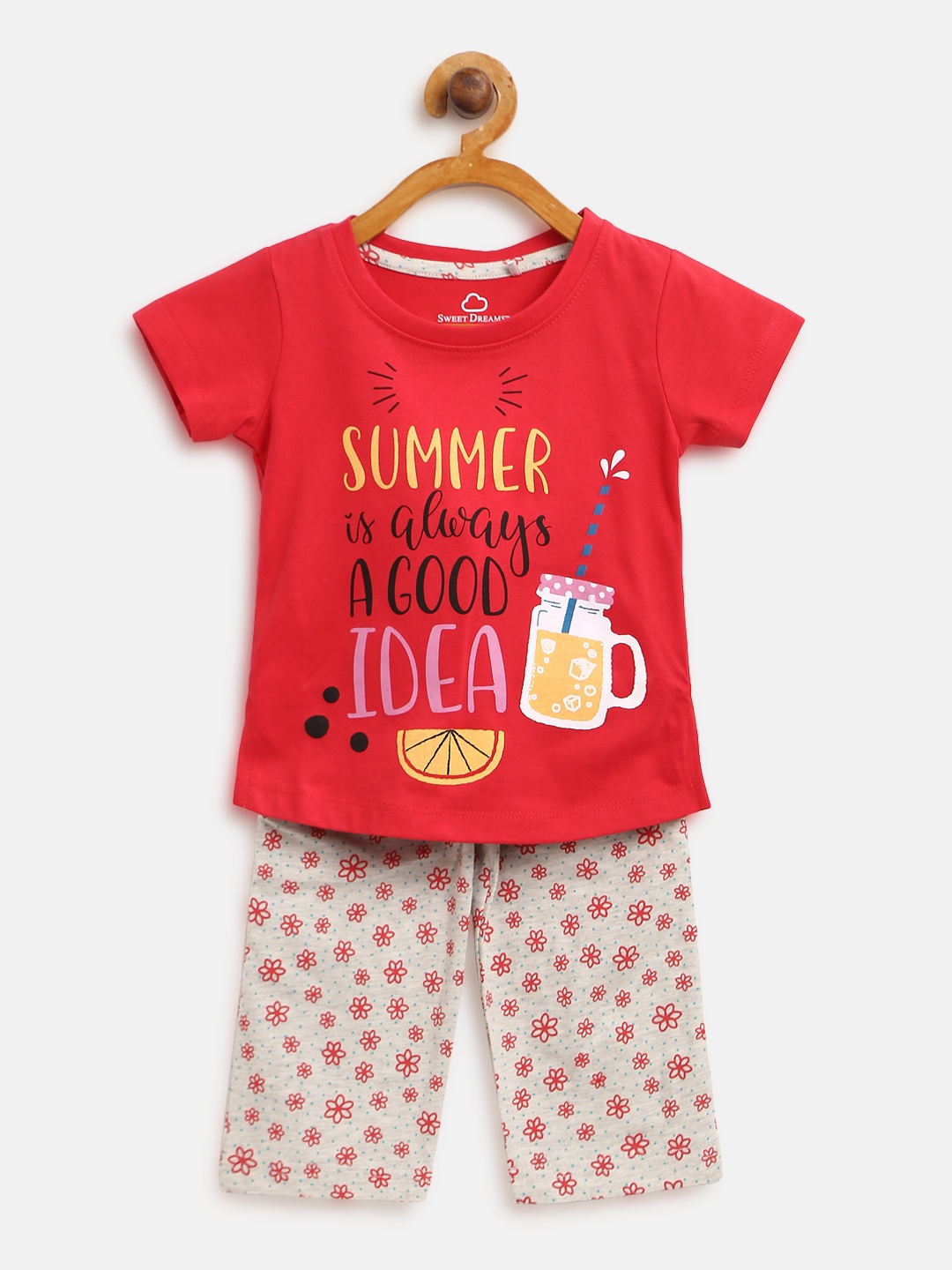 

Sweet Dreams Girls Red & Grey Melange Printed Night Suit 6197A9