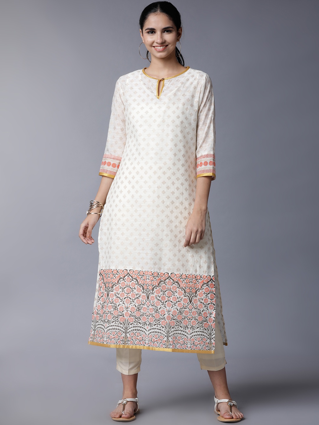 

Vishudh Women Cream-Coloured & Gold-Toned Printed Straight Kurta