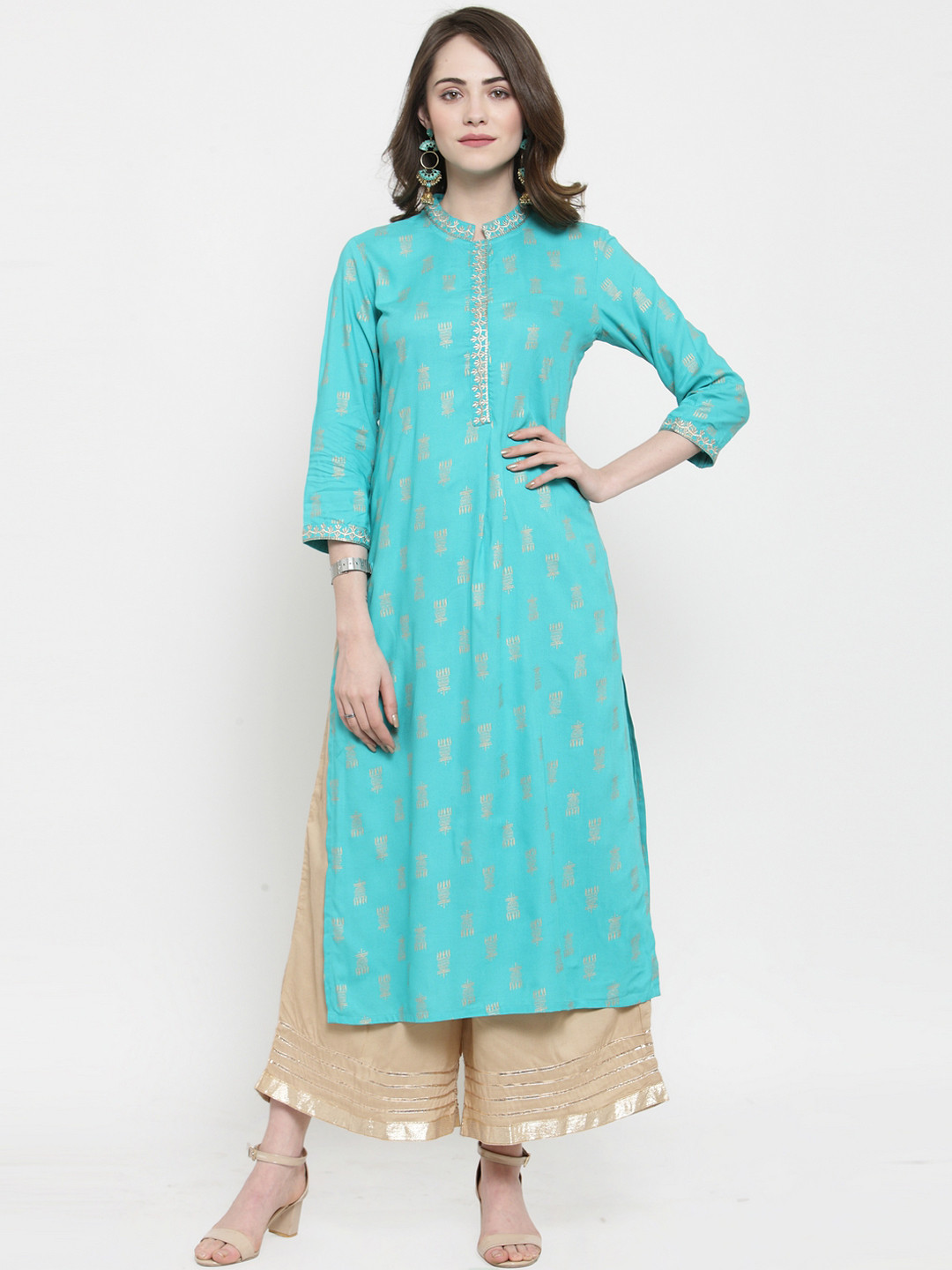 

Varanga Women Turquoise Blue & Beige Printed Kurti with Palazzos