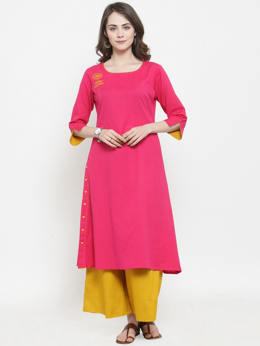 

Varanga Women Pink & Mustard Yellow Solid Kurti with Palazzos