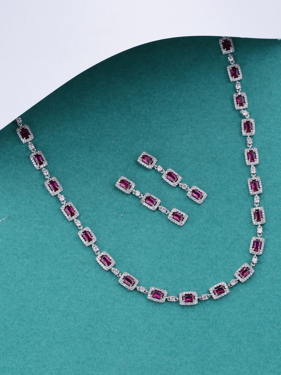 

Tistabene Rhodium-Plated & Red Embellished Jewellery Set, Silver
