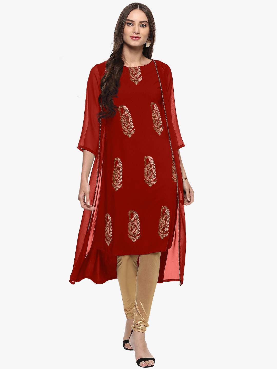 

Janasya Women Red Paisley Print A-Line Kurta